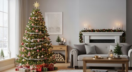 Beautifully decorated christmas tree in a cozy living room setting for holidays