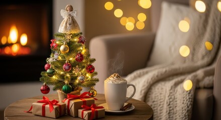 Cozy christmas scene with a decorated tree, gifts, and a warm beverage