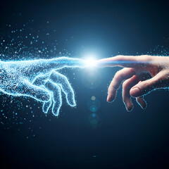 Digital and human hands reaching out to touch each other