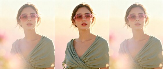 Portrait of a beautiful young woman with pink sunglasses in a field of flowers