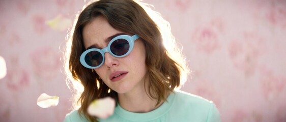 Portrait of a sad young woman wearing blue sunglasses with rose petals falling around her