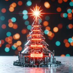 A futuristic christmas tree with city base and bokeh background