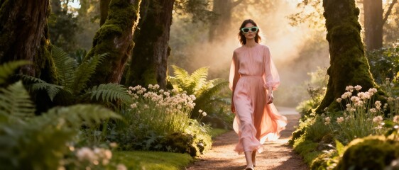 Woman in a pink dress walking on a path through a lush green forest with sunlight shining through