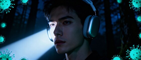 Young man wearing headphones surrounded by coronavirus particles in a dark environment