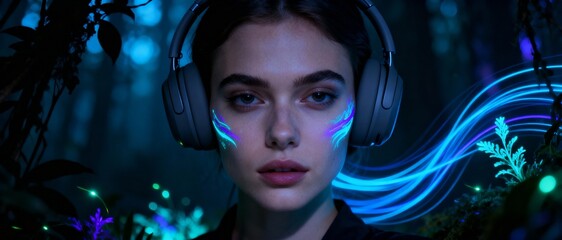 A woman with headphones and neon paint on her face is surrounded by glowing plants and lights