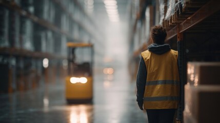Person standing in a large warehouse with a forklift in the background. the person is wearing a yellow high visibility vest and is facing away from the camera.