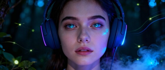 A beautiful woman with glowing blue eyes listening to music with neon headphones in the forest
