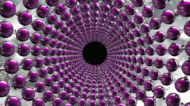 Abstract 3d rendering of a molecular structure or nanotube with shiny purple spheres forming a tunnellike shape 4k video