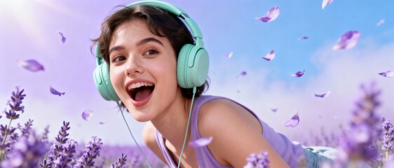 Cheerful young woman with headphones enjoying music in a lavender field on a sunny day
