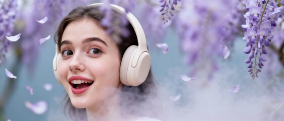 Young woman with headphones enjoying music surrounded by beautiful wisteria flowers