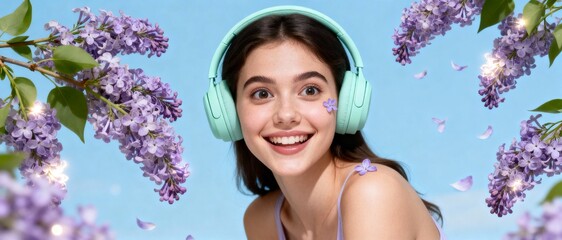 A smiling woman with headphones surrounded by lilac flowers on a bright sunny day