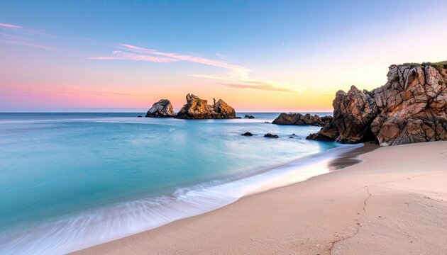 A picturesque beach scene featuring calm turquoise ocean waves gently lapping onto a sandy shore with large, rugged rock formations against a soft pastel sunset