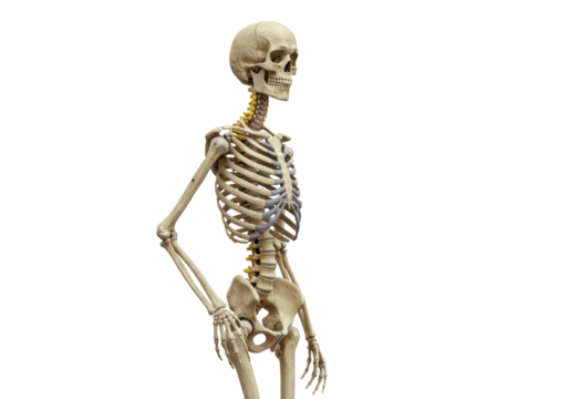Isolated human skeleton model, standing with a slight twist, medical science concept