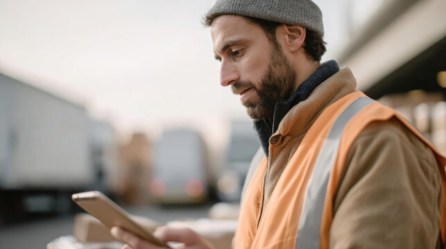 Man wearing an orange high visibility vest and a grey beanie. he is standing in a warehouse or storage area with a truck in the background.