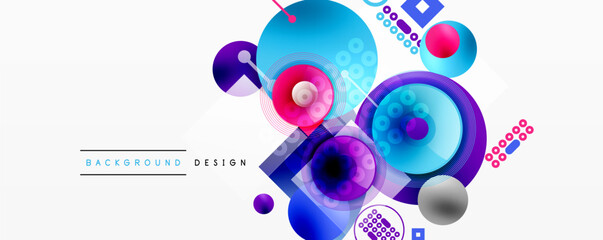 Abstract colorful shapes overlap, creating dynamic visual composition. Blue, purple dominate design with circular elements.