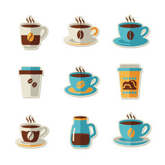 Flat design coffee cups and mugs vector icon set