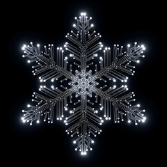 Digital snowflake with glowing circuit board pattern on black background