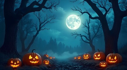 Fototapeta premium Moonlit spooky forest with glowing jack o’ lanterns 