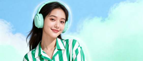 A beautiful asian woman wearing headphones and striped shirt smiling in front of blue sky