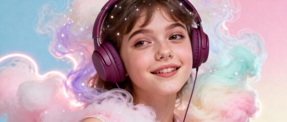 Smiling young girl with headphones listening to music surrounded by colorful smoke