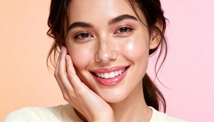 Closeup of a beautiful young woman with perfect skin smiling and looking at the camera with happiness