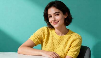 Portrait of a beautiful young woman in a yellow knitted sweater sitting at a table smiling