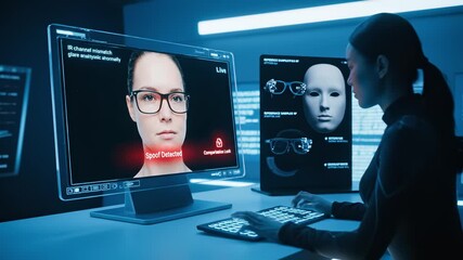 Female technician analyzes biometric data on advanced screens, detecting spoof attempts through facial recognition technology in a high-tech environment with glowing interfaces - Powered by Adobe