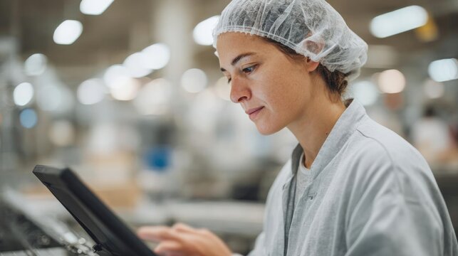Young woman wearing a white hairnet on her head and a grey lab coat. she is standing in a factory or workshop, looking intently at a black tablet computer in her hands.