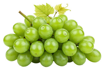 Isolated bunch of fresh green grapes with leaves, natural and healthy vegetarian diet food