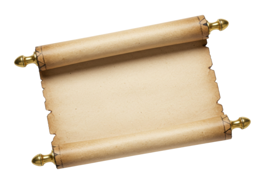 Isolated old scroll with decorative ends, parchment paper for historical map or document
