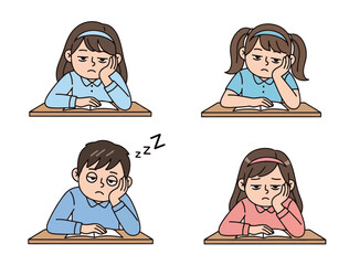 Bored students studying at desk looking tired and sleepy in the classroom