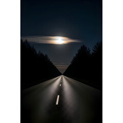 Road illuminated by moonlight cutting through the dark forest