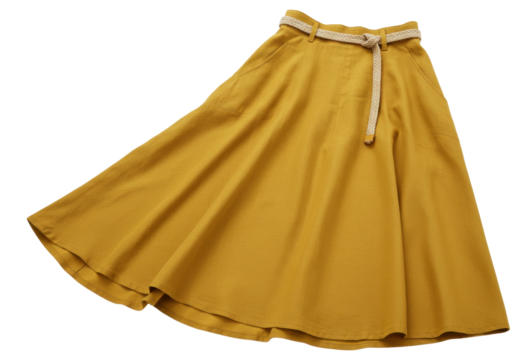 Isolated mustard-colored skirt with rope belt, garment on a plain surface, clothing fashion item
