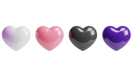 Four glossy heart-shaped objects in a row, each a different color, representing a concept.