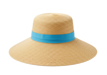Isolated straw sun hat with turquoise ribbon, summer style, shade from the sun, fashion item