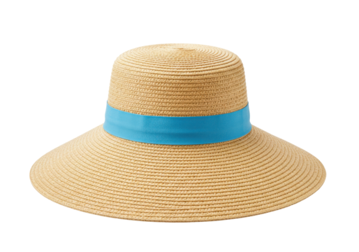 Isolated straw sun hat with turquoise ribbon, summer style, shade from the sun, fashion item