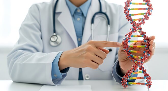 Doctor Points to Colorful D N A Model on White Table