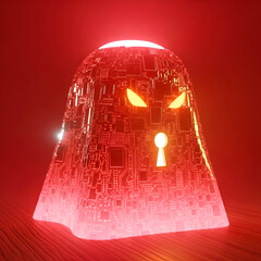 Red glowing digital monster with keyhole isolated on red background