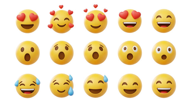 Naklejki A collection of 3D rendered yellow emoji faces expressing various emotions like love, surprise, and laughter, isolated on a white background.