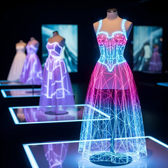 Futuristic dresses with glowing blue and pink lines on display