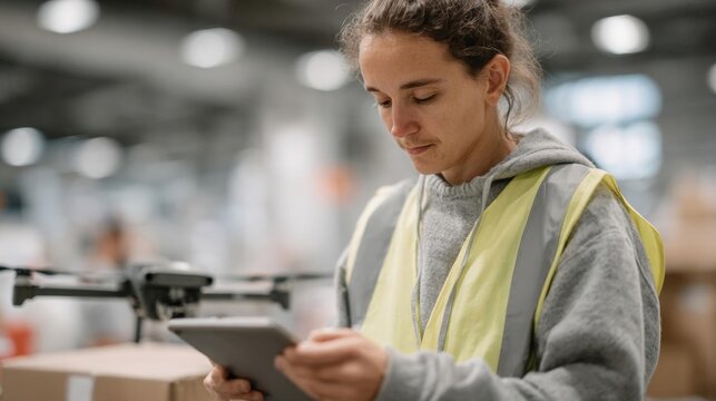 A young woman wearing a yellow high visibility vest and a grey hoodie. she is standing in a warehouse and is holding a tablet in her hands.