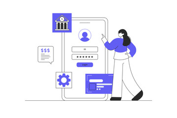 Mobile banking app. Online money transfers and transactions. Woman with credit card and login page on smartphone screen. Flat Cartoon Vector Illustration, icon Stylish abstract design landing page  