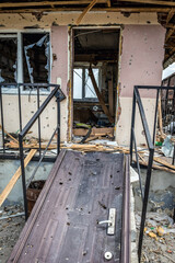 Fototapeta premium Railway cross, area of heavy fights with pro-russian separatists in Sloviansk during Russo-Ukrainian War in Donbas, Ukraine