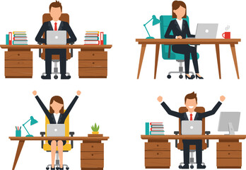 Business People Working at Office Desks Set: Vector Illustration of Professional Employees Working on Laptops and Celebrating Success in Flat Style.