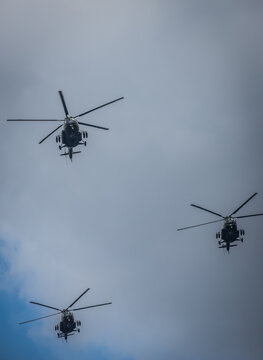 Combat helicopters on the military parade during Feast of the Polish Armed Forces, Warsaw, Poland