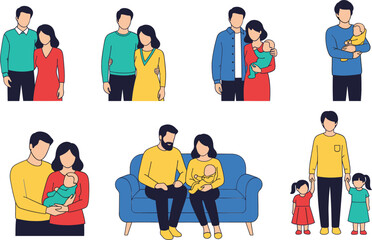 Family and Parenthood Vector Illustration Set: Happy Couples with Newborn Baby, Toddler, and Children, Showing Different Stages of Family Life.
