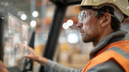 Man wearing a hard hat and safety goggles, operating a forklift in a warehouse. he is wearing an orange safety vest and is looking intently at a large screen in front of him.