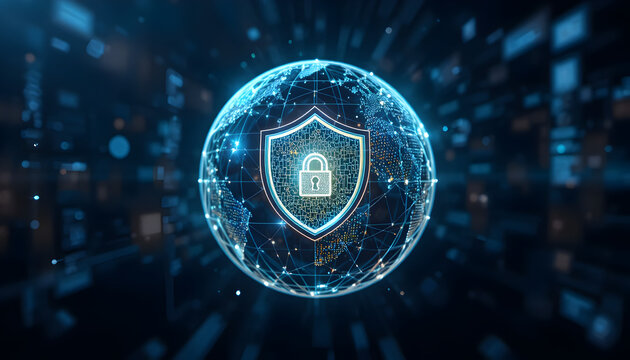 A glowing digital shield with a padlock, representing cybersecurity and data protection, floats above a spherical network, symbolizing global digital security