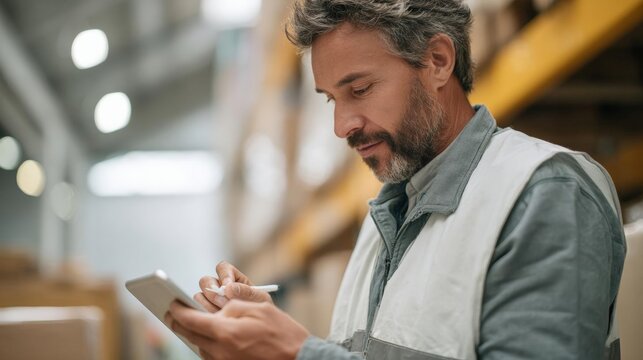 A man in a warehouse, holding a tablet in his hands and looking down at it intently. he is wearing a grey vest and has a beard.