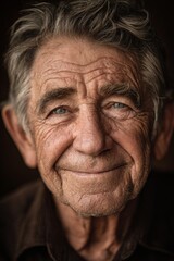Smiling elderly man with gray hair and blue eyes looking warmly at the camera indoors